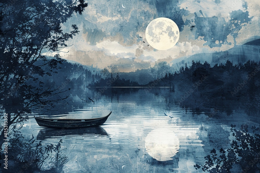 Canvas Prints serene moonlit lake flat design top view serene theme watercolor monochromatic color scheme