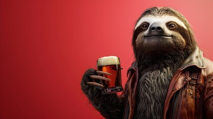 Naklejka premium Relaxed Sloth Character Holding Beer in Casual Attire Against Crimson Background