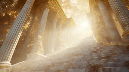 a stairway with columns and a light coming through the top of it with a sky background and sunbeam..