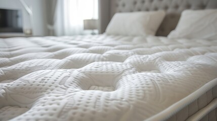 a close up of a bed with a white mattress