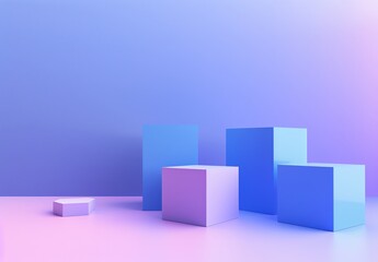 a group of cubes sitting on top of a table next to a wall with a blue and pink background