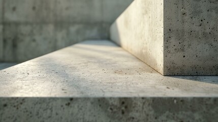 a concrete bench with a shadow on it's surface and a wall behind it