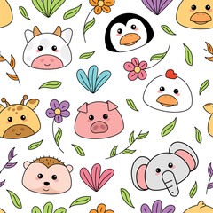 Cute kawaii emoji animal icons pattern Vector illustration