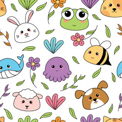 Cute kawaii emoji animal icons pattern Vector illustration