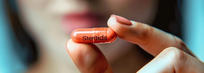 woman fingers holding a pill that has the "Steroids" word written in it