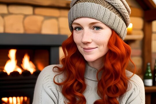  a pretty welsh woman, early 30s, auburn red hair with  curls, freckles, wearing a wool cap, in a rustic pub, fire 