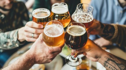 A group of friends raising their glasses in a toast, enjoying a variety of craft beers from around the world in celebration of International Beer Day.. - Powered by Adobe