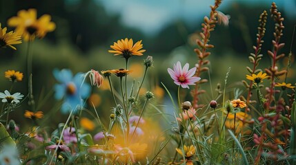 Close-up of colorful wildflowers blooming in a meadow