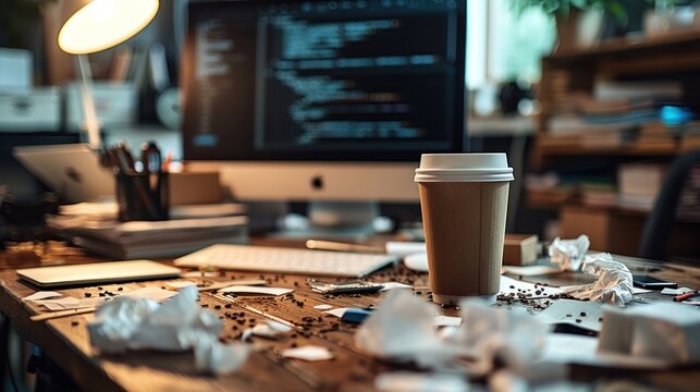 A messy desk with a spilled coffee cup, crumpled papers, and a deserted computer monitor..