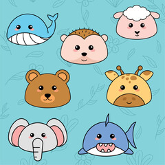Cute kawaii emoji animal icons set Vector illustration