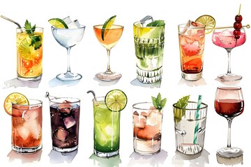 Watercolor of drinks and cocktails collection on white background