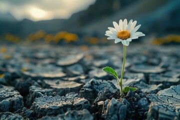 photo of a white flower breaks through cracked dry soil, the concept of global warming.