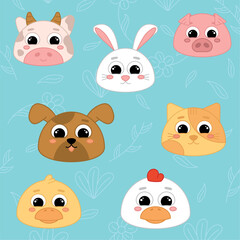 Cute kawaii emoji animal icons set Vector illustration