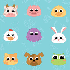 Cute kawaii emoji animal icons set Vector illustration