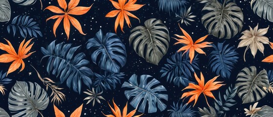 Fototapeta premium digital illustration of tropical leaves background in vibrant orange and muted blue