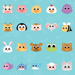 Cute kawaii emoji animal icons set Vector illustration
