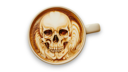 Top view, A cup of latte art with skull pattern isolated on transparent background.	