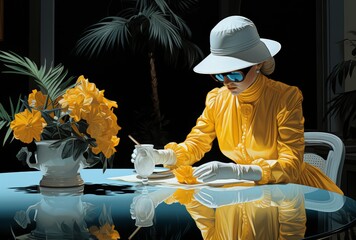 Elegant Woman in Yellow Suit at Glass Table
