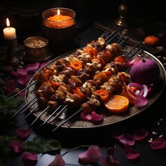 Gourmet Kebabs with Fresh Vegetables and Candlelit Ambiance