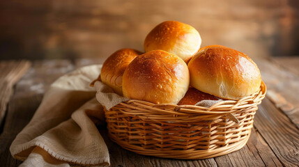 Freshly baked bread rolls in the basket on wooden table.