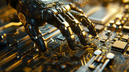 An engineer is placing an electronic circuit on a robotic arm, in a golden hues and industrial brutalism style.