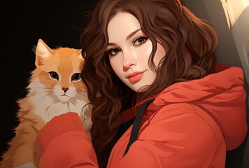 Girl with Cat in Red Hoodie Digital Painting