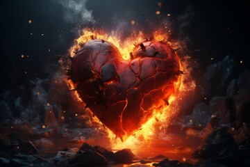A red heart that is on fire beautful yellow flames with burning rocks and ash