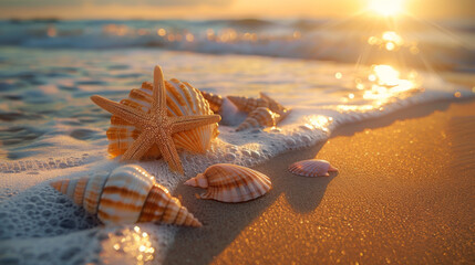 Sunset on a sandy beach with starfish and seashells illuminated by the golden sunlight.