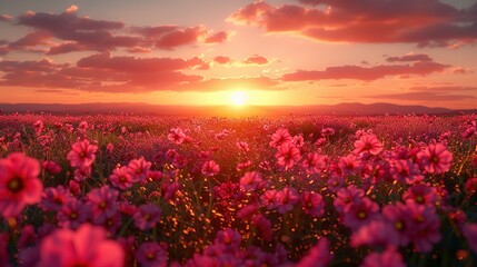 Full bloom onion organic farm in the morning with sun rise. Created using generative AI