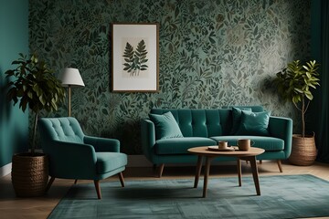 Chair and turquoise sofa in green living room interior with leaves wallpaper and table. Real photo Generative AI