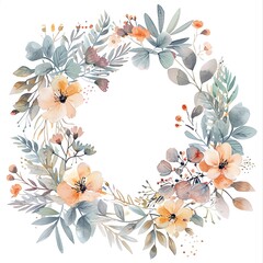 Obraz premium Create a watercolor painting of a wreath of flowers and leaves in a circle