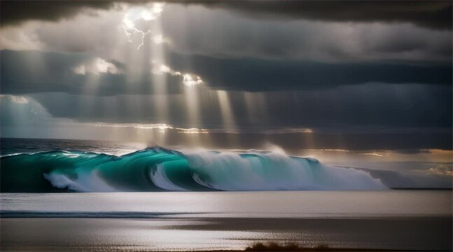 The sky was overcast and the sunshine escaped the gray clouds. Above the surface the blue ocean makes it very beautiful. and the sea waves crashing onto the beach
