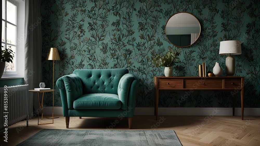 Wall mural chair and turquoise sofa in green living room interior with leaves wallpaper and table. real photo g