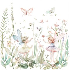 Two fairies are playing in a field of flowers