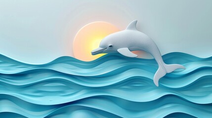 Obraz premium Cute dolphin jumps at golden hour flat design top view picturesque theme watercolor Monochromatic Color Scheme