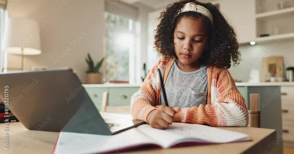 Poster girl, laptop and notebook in kitchen for learning with child development or responsible for growth. 