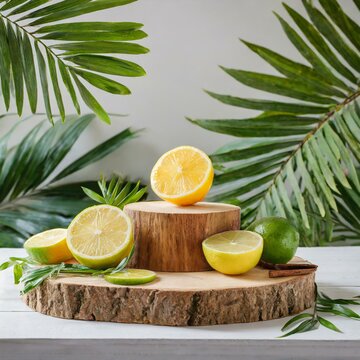 a wooden slice podium placed on a white background, surrounded by palm leaves and citrus slices of lemon and lime. Imagine a sophisticated product display aimed at highlighting refreshing summer bever