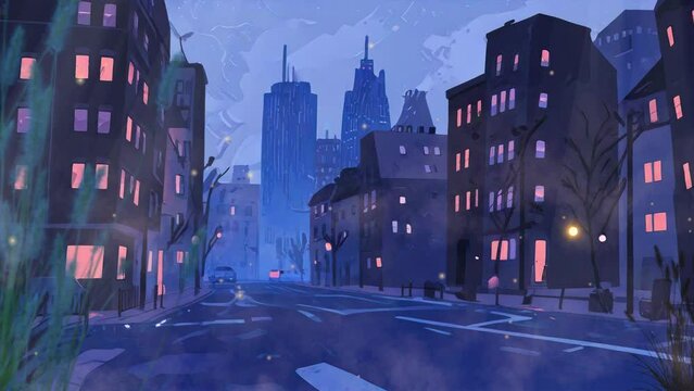 A symphony of blues fills the city skyline in this charming cartoon-style looping video, where tall buildings stand proudly amidst a sea of calming hues, creating a mesmerizing and tranquil atmosphere