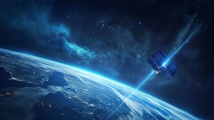 A satellite is floating above the earth, emitting blue light beams towards it. The background is dark space with stars.