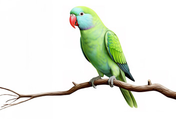 Image of an alexandrine parakeet on a branch on white background. Bird. Wildlife Animals. Illustration, Generative AI.