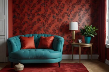 Chair and turquoise sofa in red living room interior with leaves wallpaper and table. Real photo Generative AI