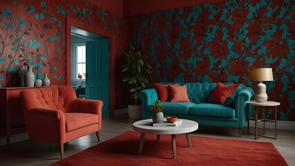 Chair and turquoise sofa in red living room interior with leaves wallpaper and table. Real photo Generative AI