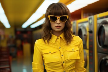Vibrant Woman in Yellow Shirt at Laundromat