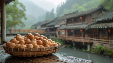 The bamboo basket is filled with goose eggs, and the bamboo basket is placed on the wooden table,...
