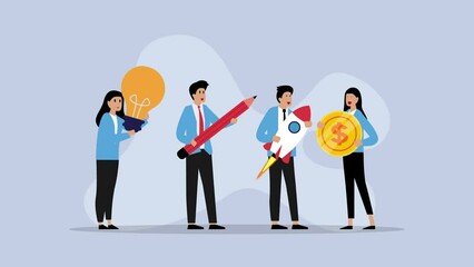 Group of business people with assets to build a start up company cartoon animation