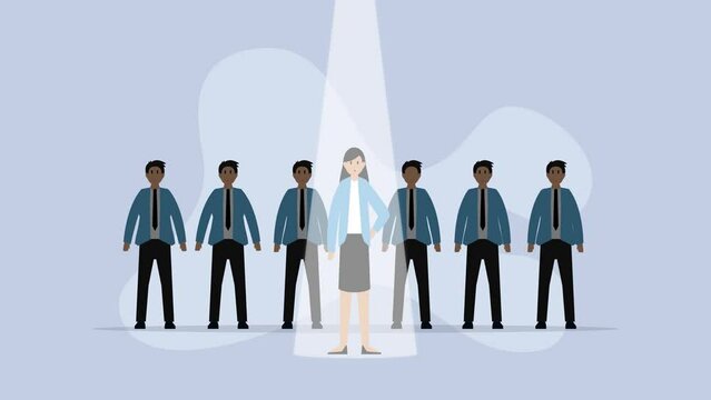 HR recruiting competition. Talented woman professional candidate in light spot cartoon animation