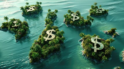 A conceptual illustration of several tropical islands shaped like dollar signs in a clear blue ocean, symbolizing offshore banking and tax havens
