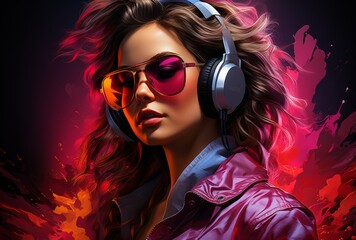 Stylish Woman in Purple Jacket with Sunglasses and Headphones