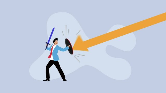 Businessman holding shield and sword cartoon animation