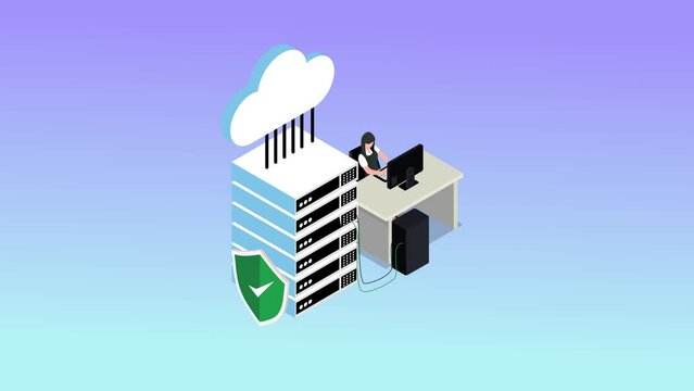 Cloud technology. Woman storing data on cloud server isometric 3d animation cartoon